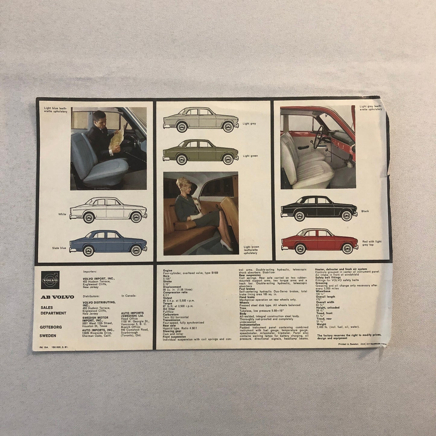 Vintage Volvo 122 S Car Automobile Sales Sheet Brochure Advertising