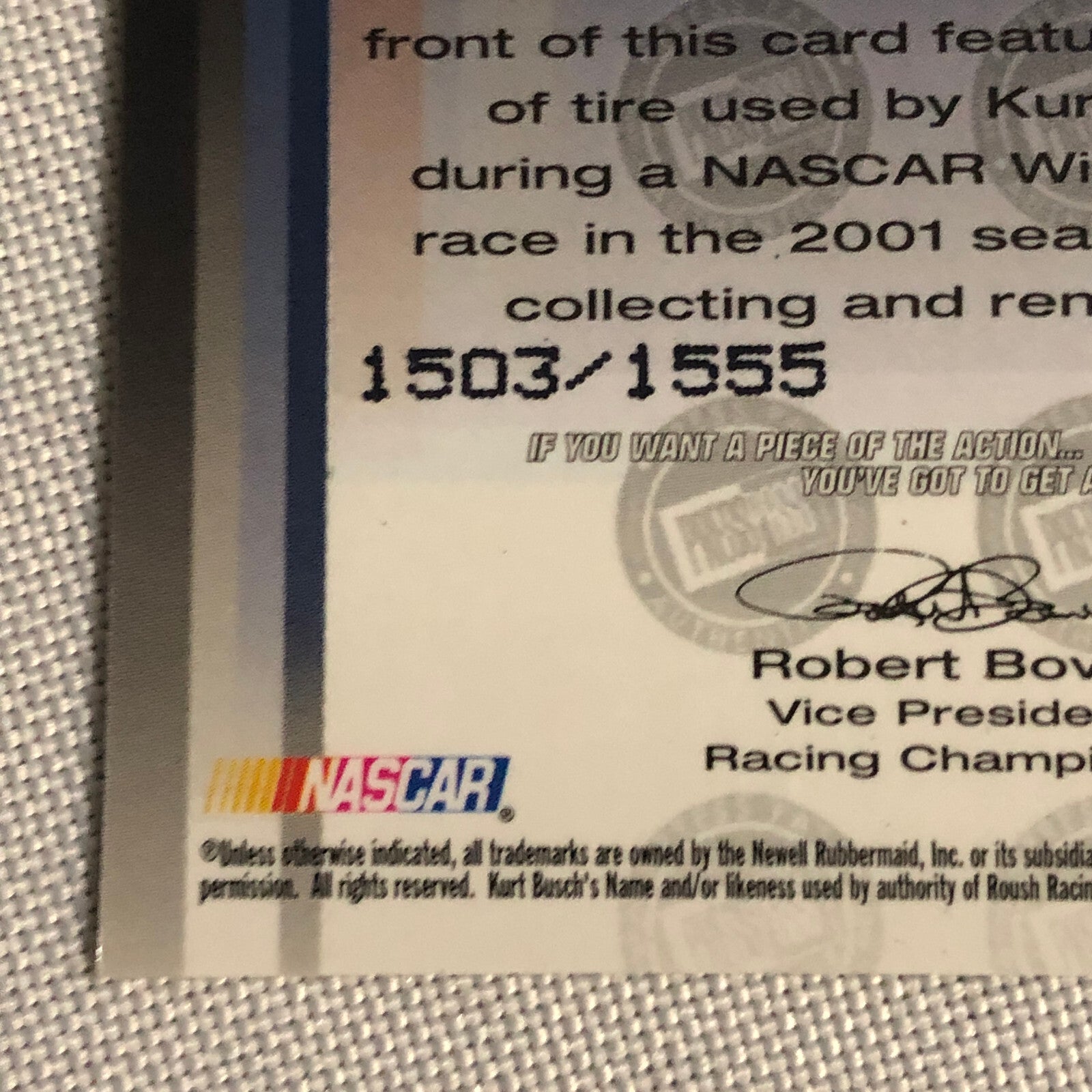 2002 Press Pass Hot Treads Tire Relic Card Kurt Busch NASCAR