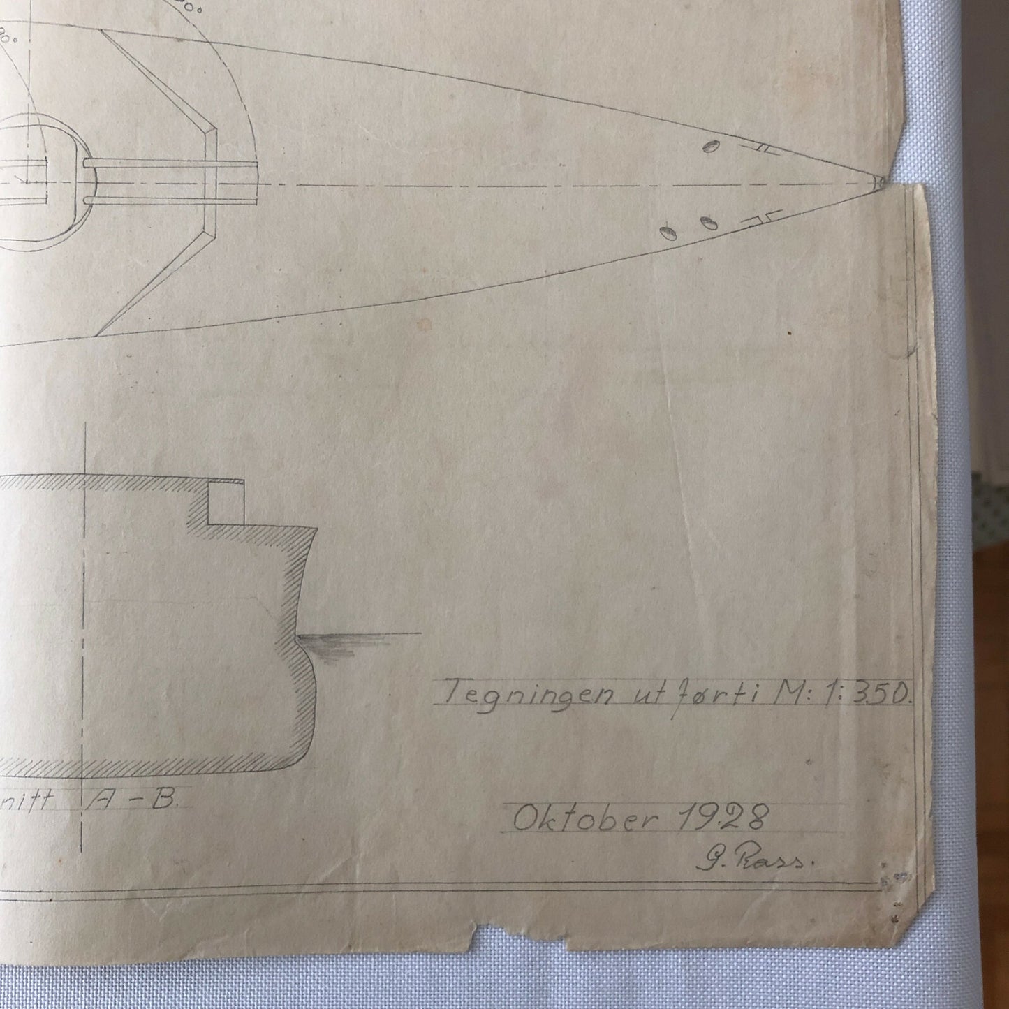 Antique 1928 Boat Ship Design Rendering - GM Ross Pencil Illustration ? 