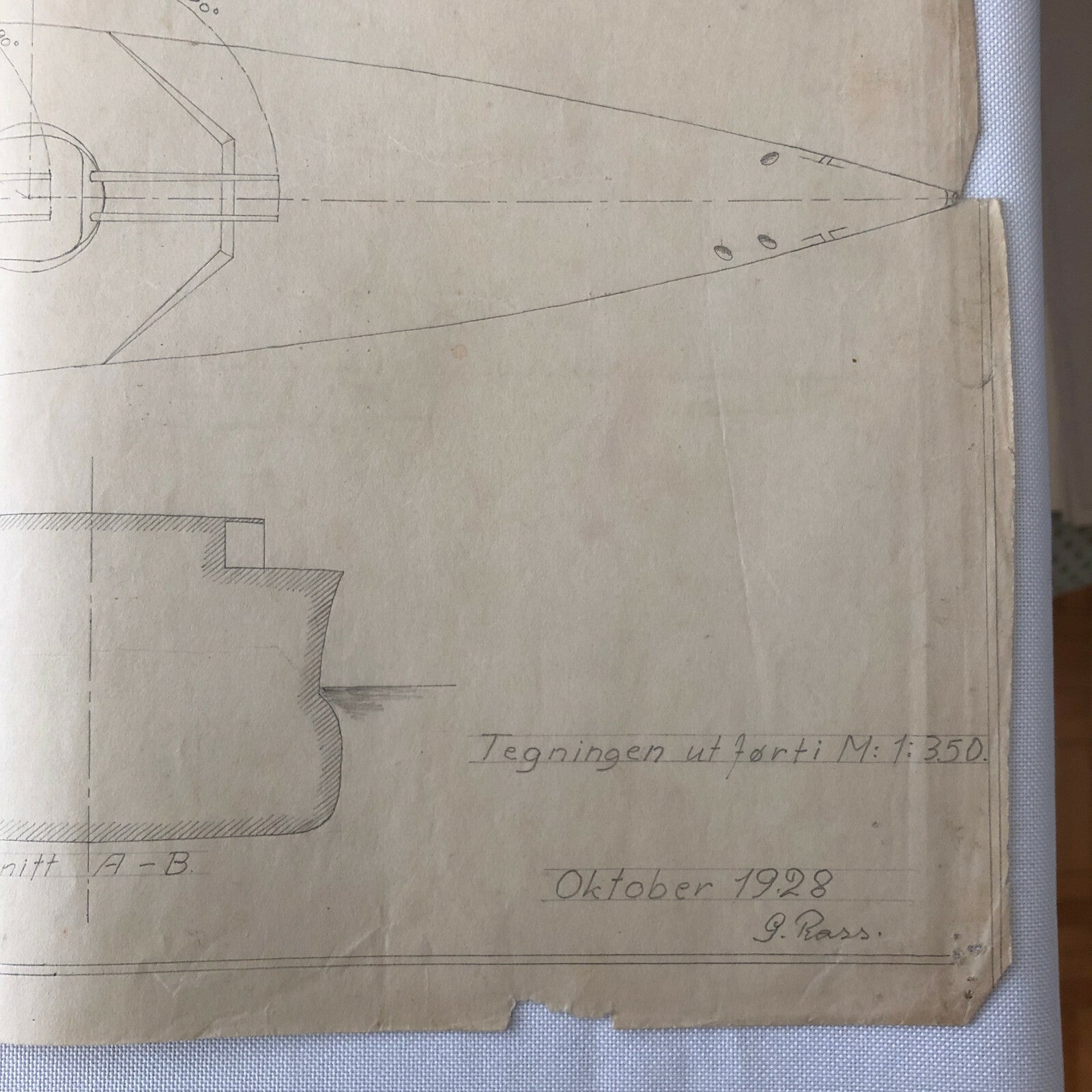 Antique 1928 Boat Ship Design Rendering - GM Ross Pencil Illustration ? 