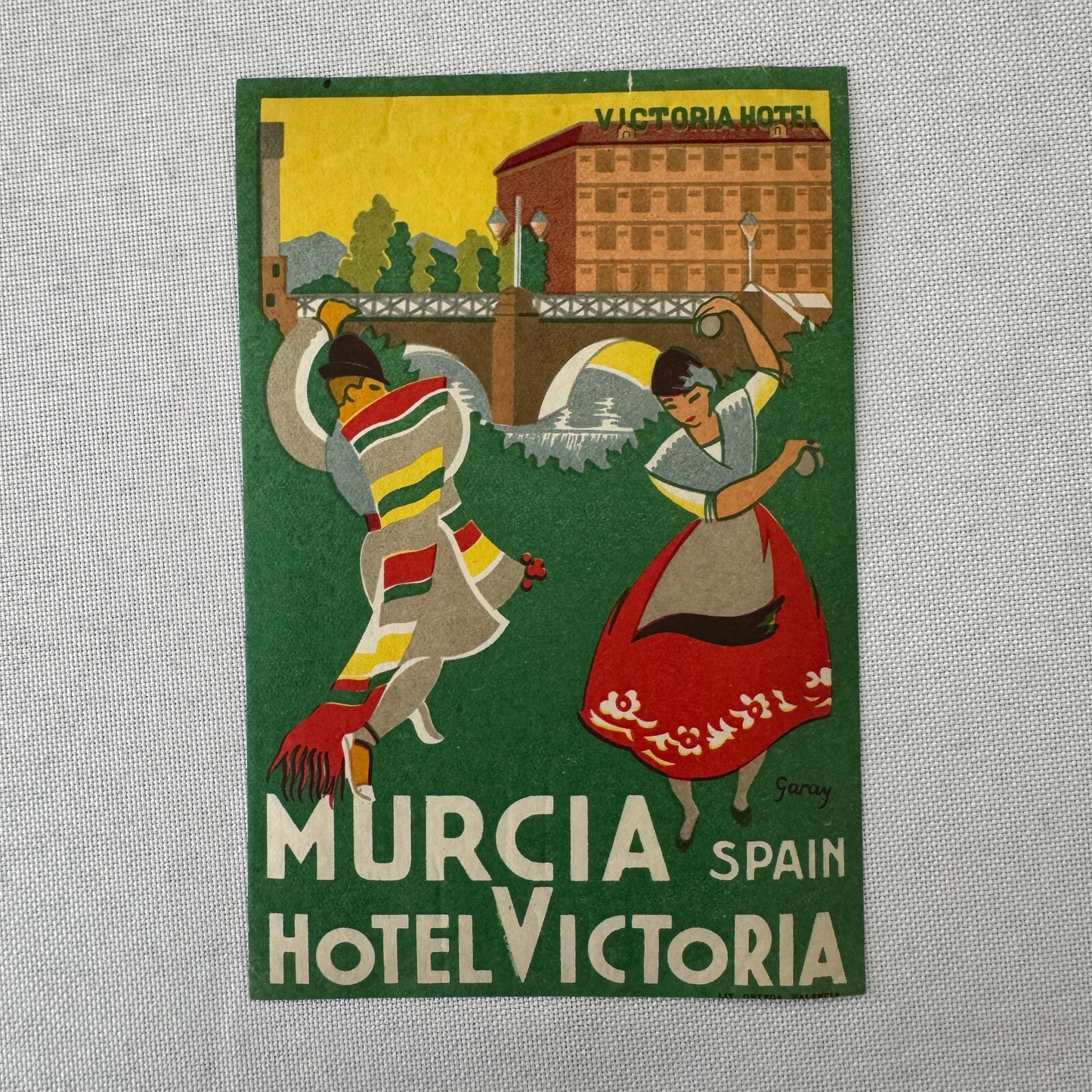 Vintage Hotel Travel Luggage Label Murcia Spain Hotel Victoria Spanish