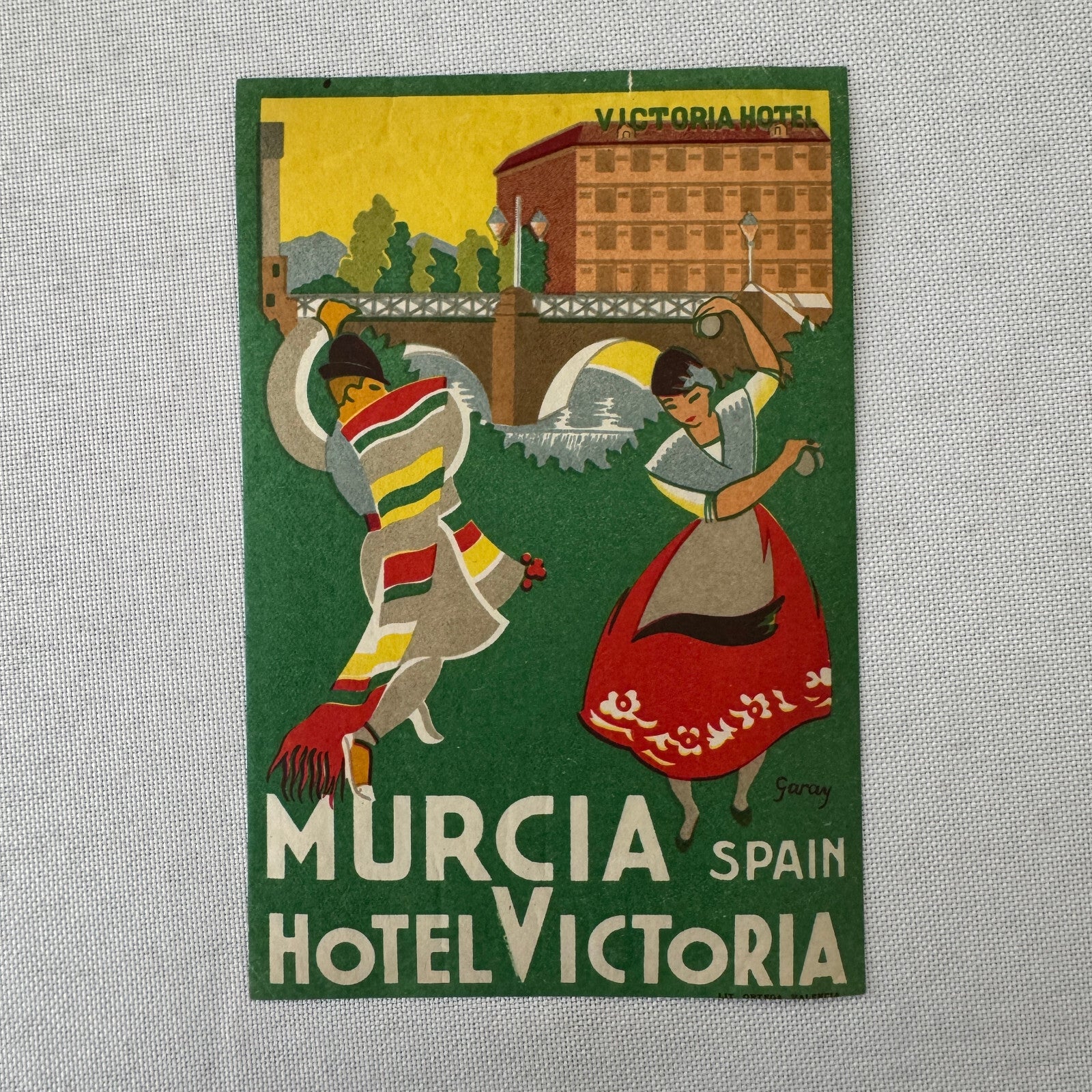 Vintage Hotel Travel Luggage Label Murcia Spain Hotel Victoria Spanish