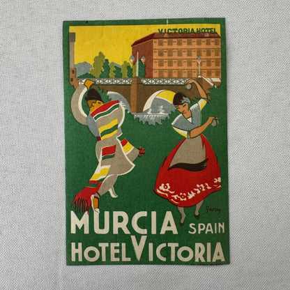 Vintage Hotel Travel Luggage Label Murcia Spain Hotel Victoria Spanish