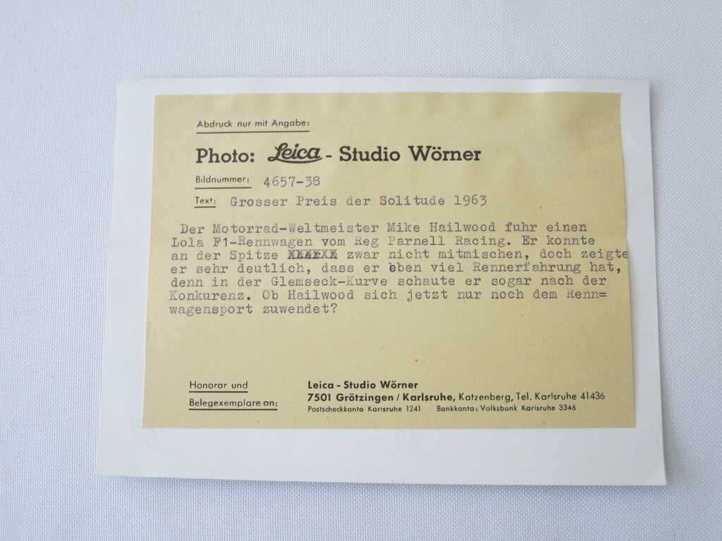 Vintage 1963 Solitude Grand Prix Racing Photograph Photo Mike Hailwood Lola 