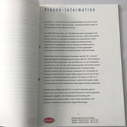 Bugatti Veyron Press Kit Brochure Photos 2002 German Text Bugatti Royale