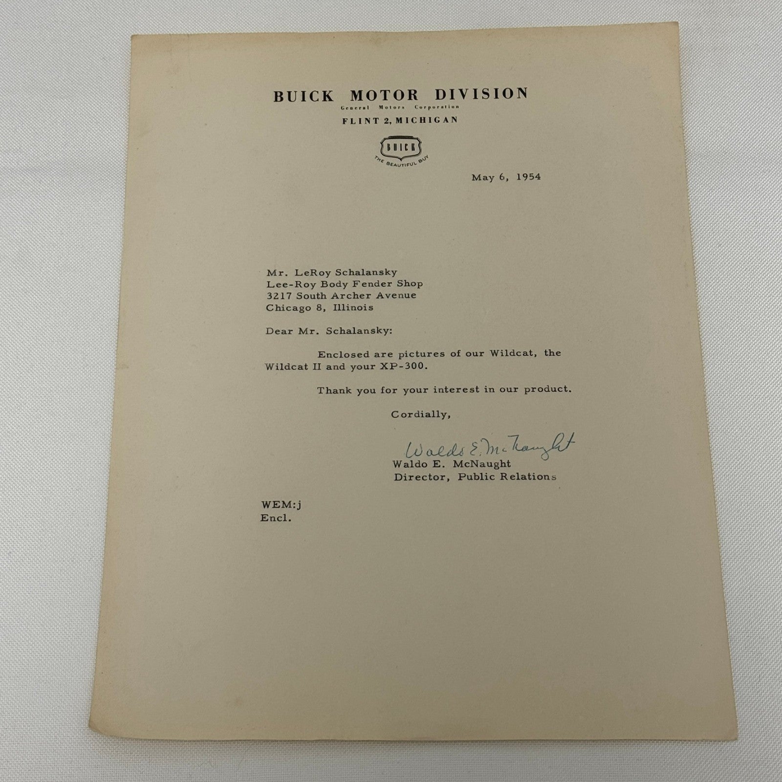1954 Buick Letter Letterhead Vintage Document Signed Director Public Relations