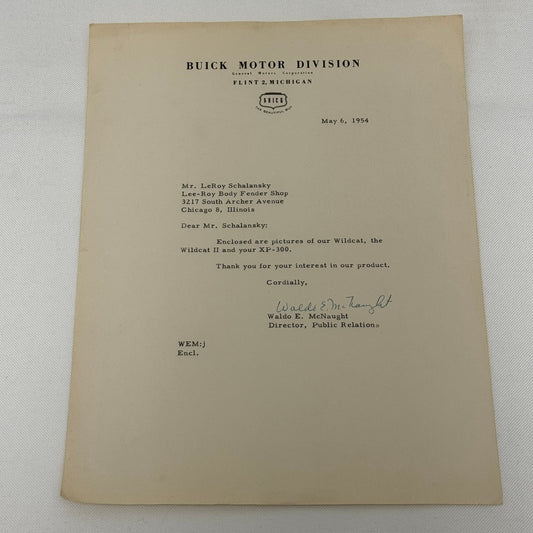 1954 Buick Letter Letterhead Vintage Document Signed Director Public Relations
