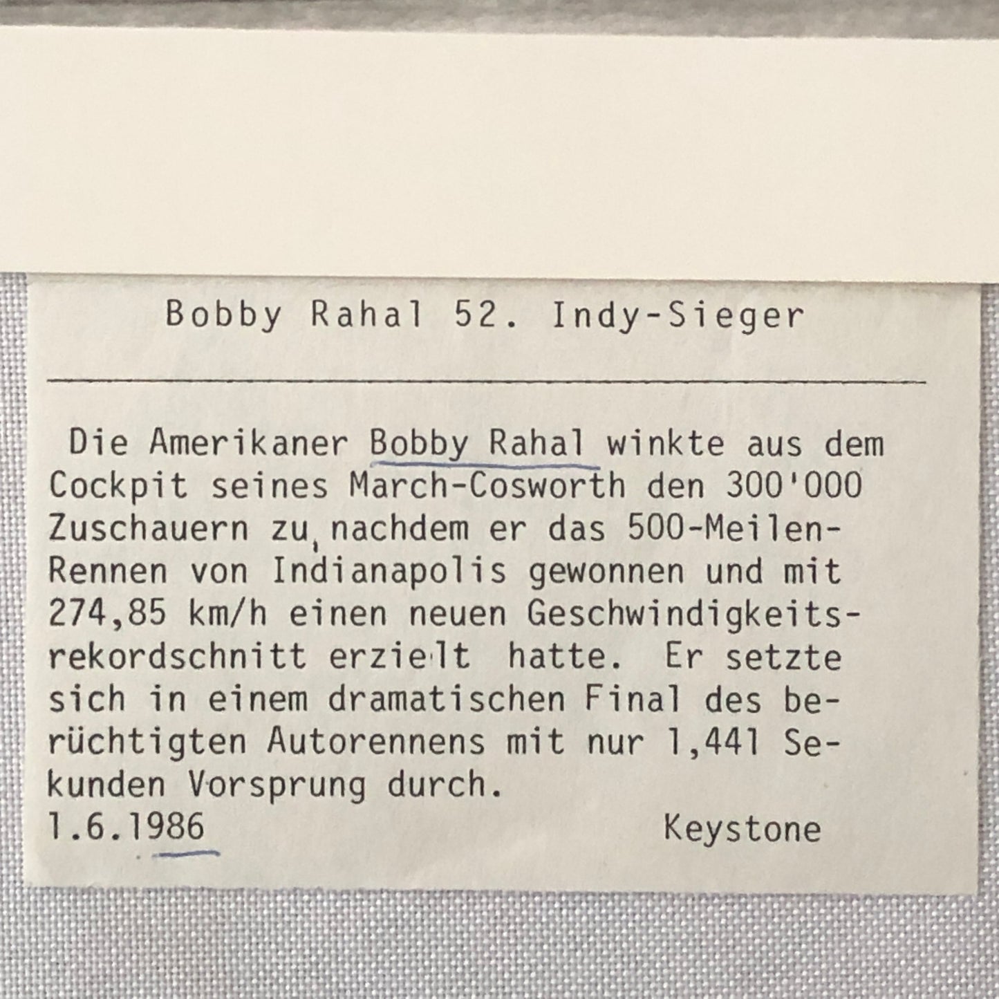 Vintage Indy Indianapolis Racing Photo Photograph Bobby Rahal 1986