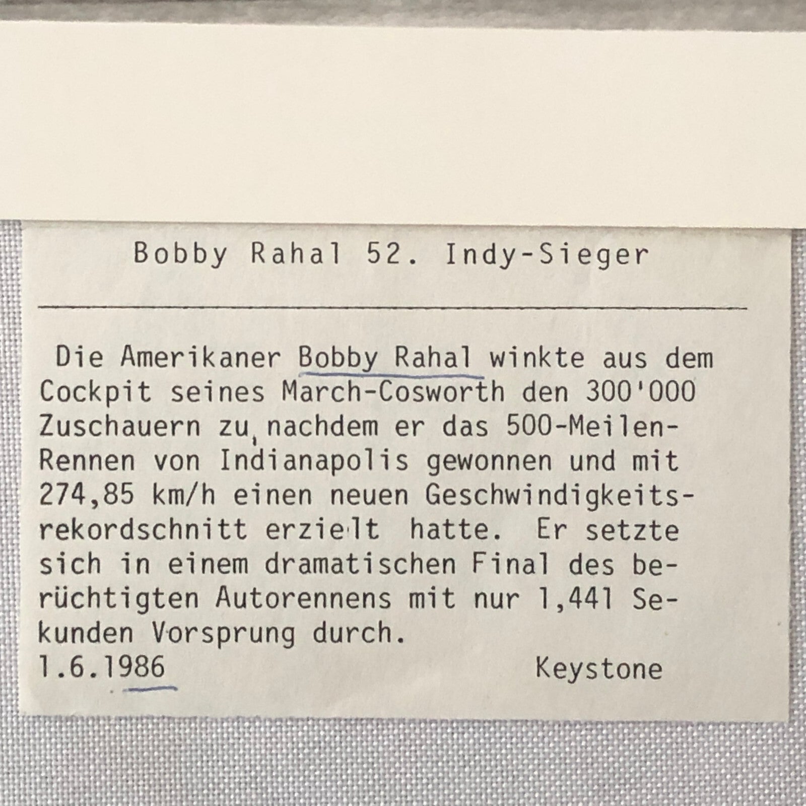 Vintage Indy Indianapolis Racing Photo Photograph Bobby Rahal 1986