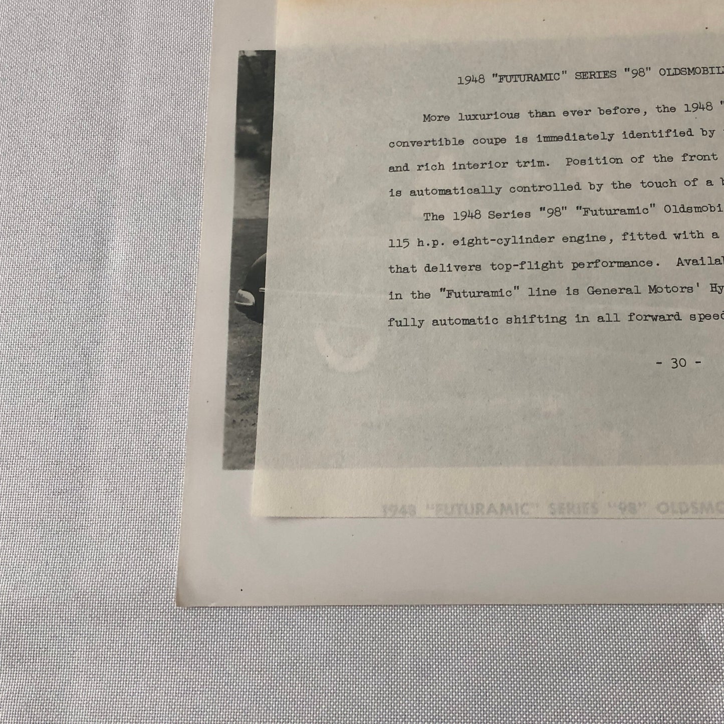 1948 Oldsmobile Series 98 Futuramic Convertible Factory Press Photo Photograph