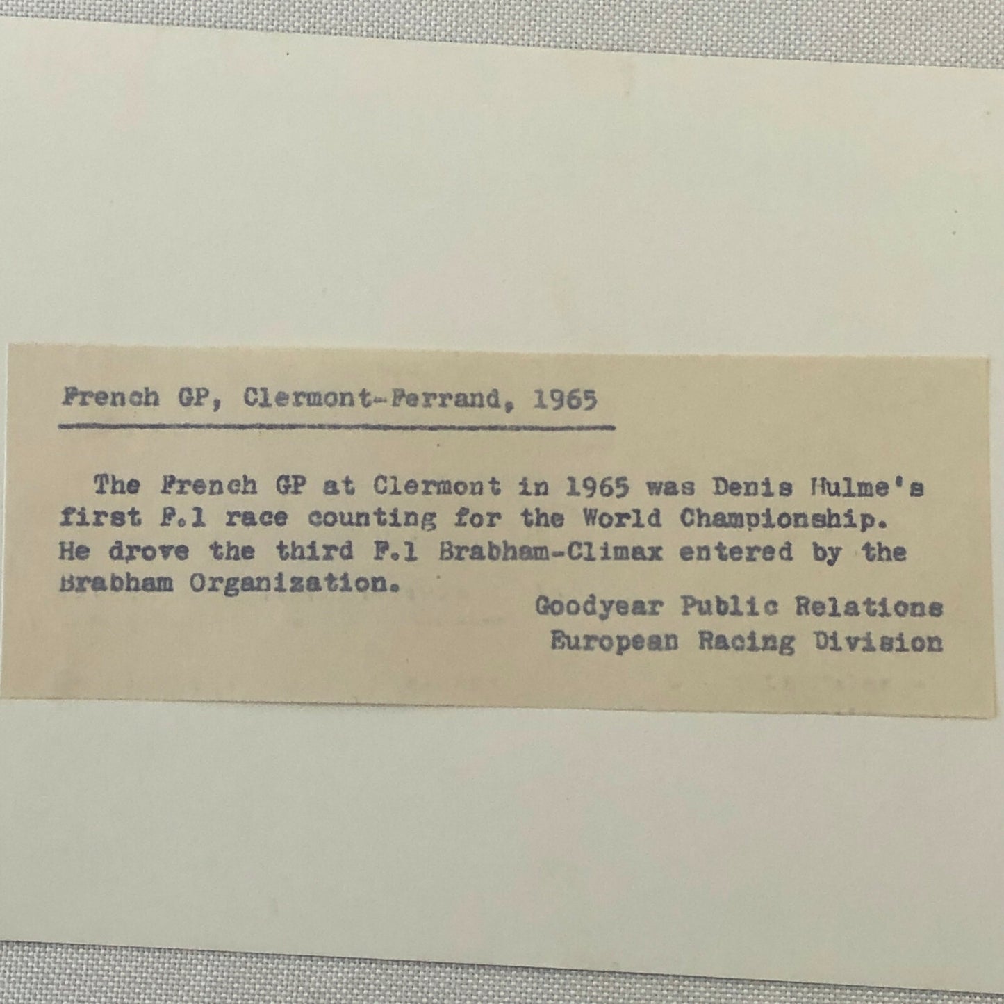 Vintage Racing Photo Photograph Denny Hulme French Grand Prix 1965 Goodyear 