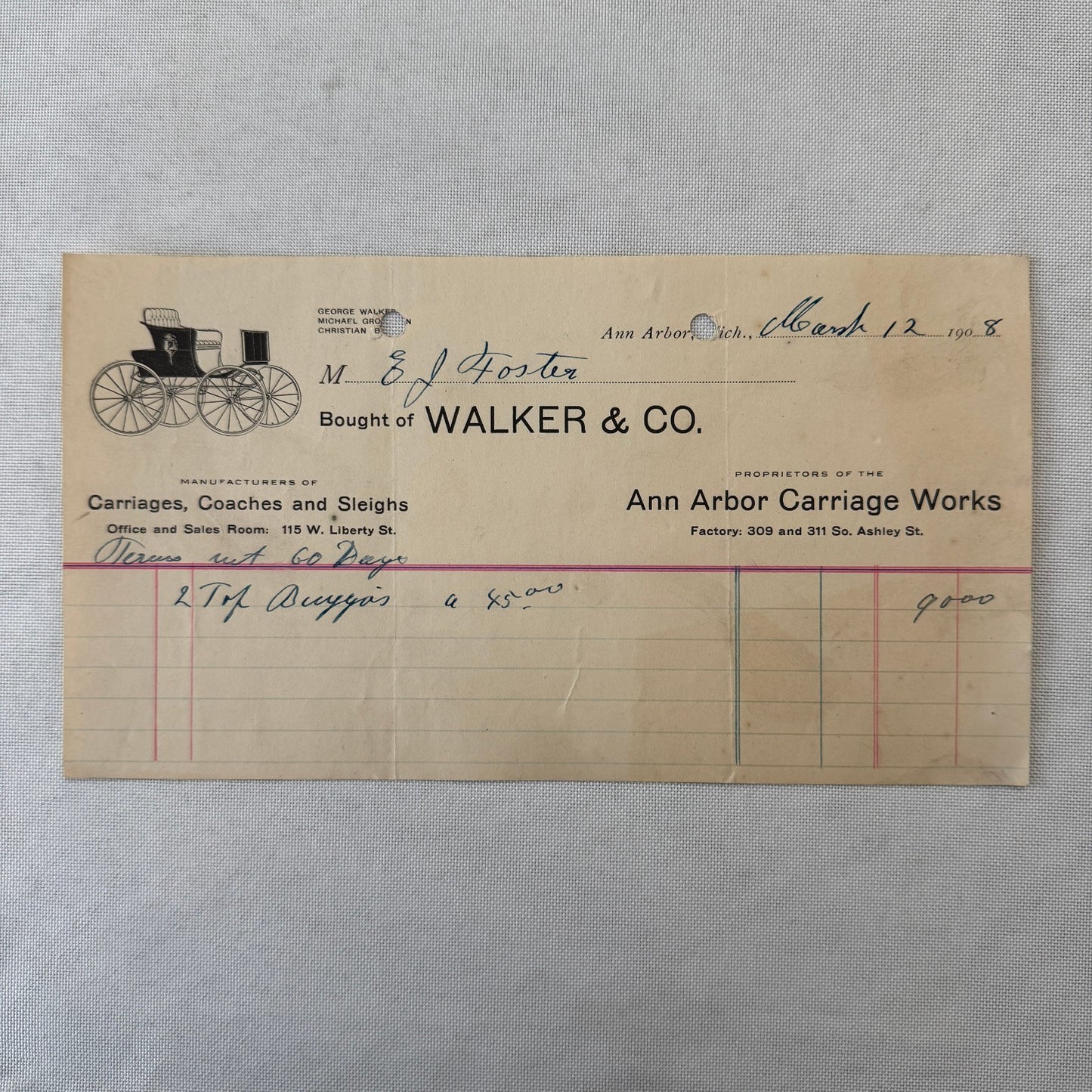Walker and Company Receipt Letterhead Document 1908 Carriage Sleigh Ann Arbor MI
