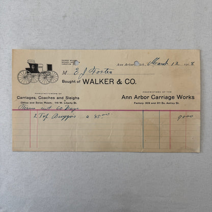 Walker and Company Receipt Letterhead Document 1908 Carriage Sleigh Ann Arbor MI