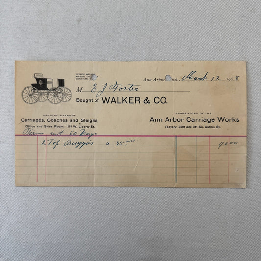 Walker and Company Receipt Letterhead Document 1908 Carriage Sleigh Ann Arbor MI