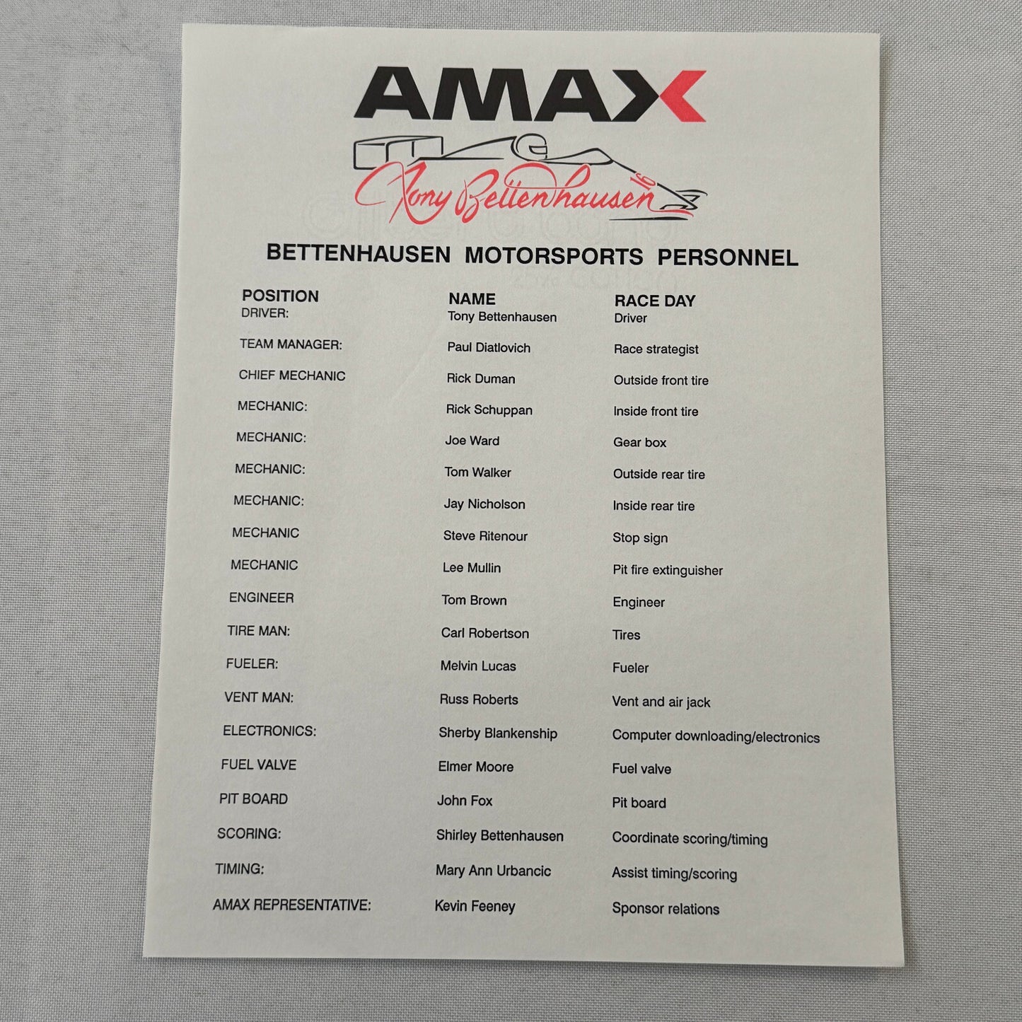 Tony Bettenhausen AMAX Racing Press Kit Brochure Penske Chevy 90 Indy Car