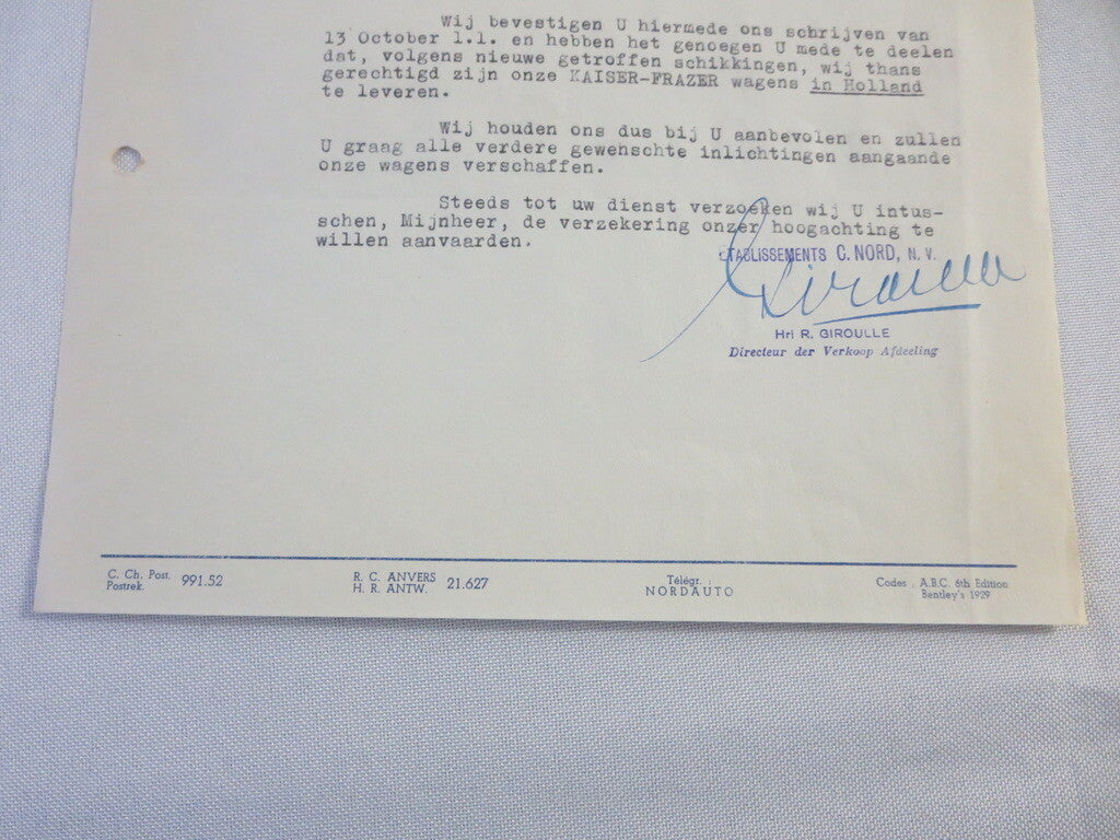 1947 Kaiser Frazer Belgian Distributor Dealer Letter Letterhead Document 