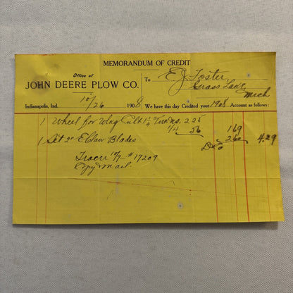 1908 John Deere Plow Company Antique Document Receipt Invoice Farm Equipment