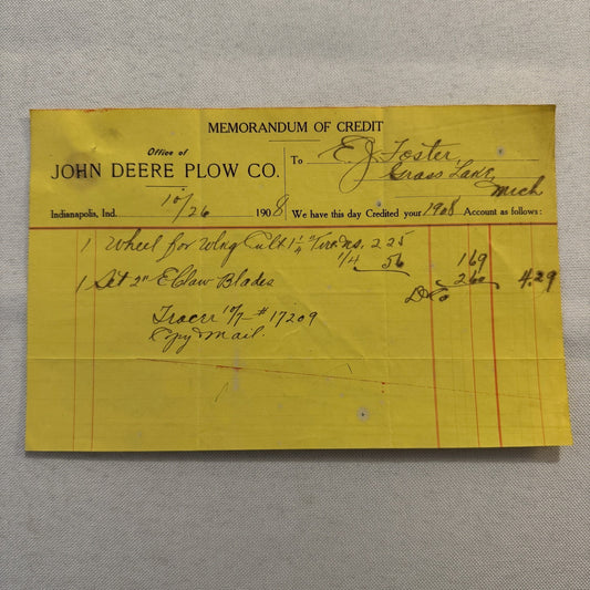 1908 John Deere Plow Company Antique Document Receipt Invoice Farm Equipment
