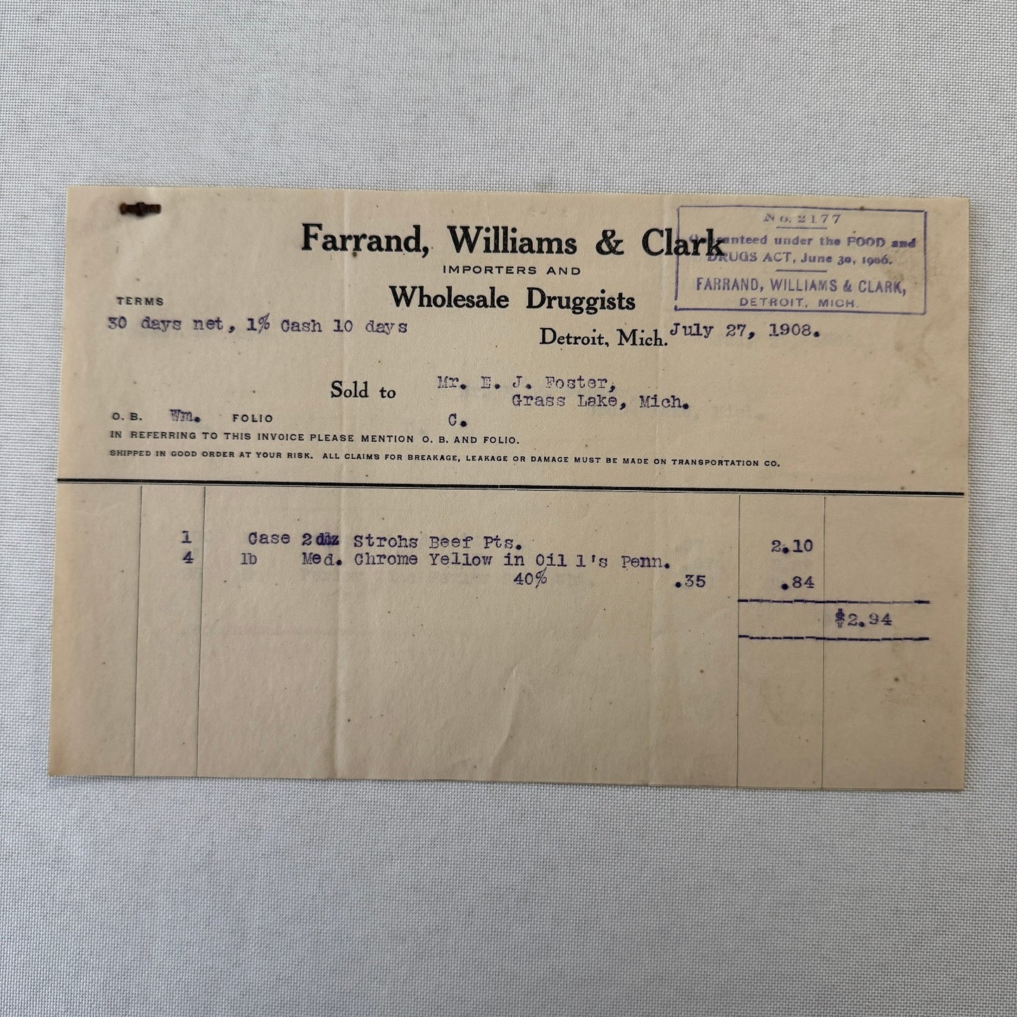 Farrand Williams and Clark Wholesale Druggists Detroit 1908 Invoice Receipt Lot