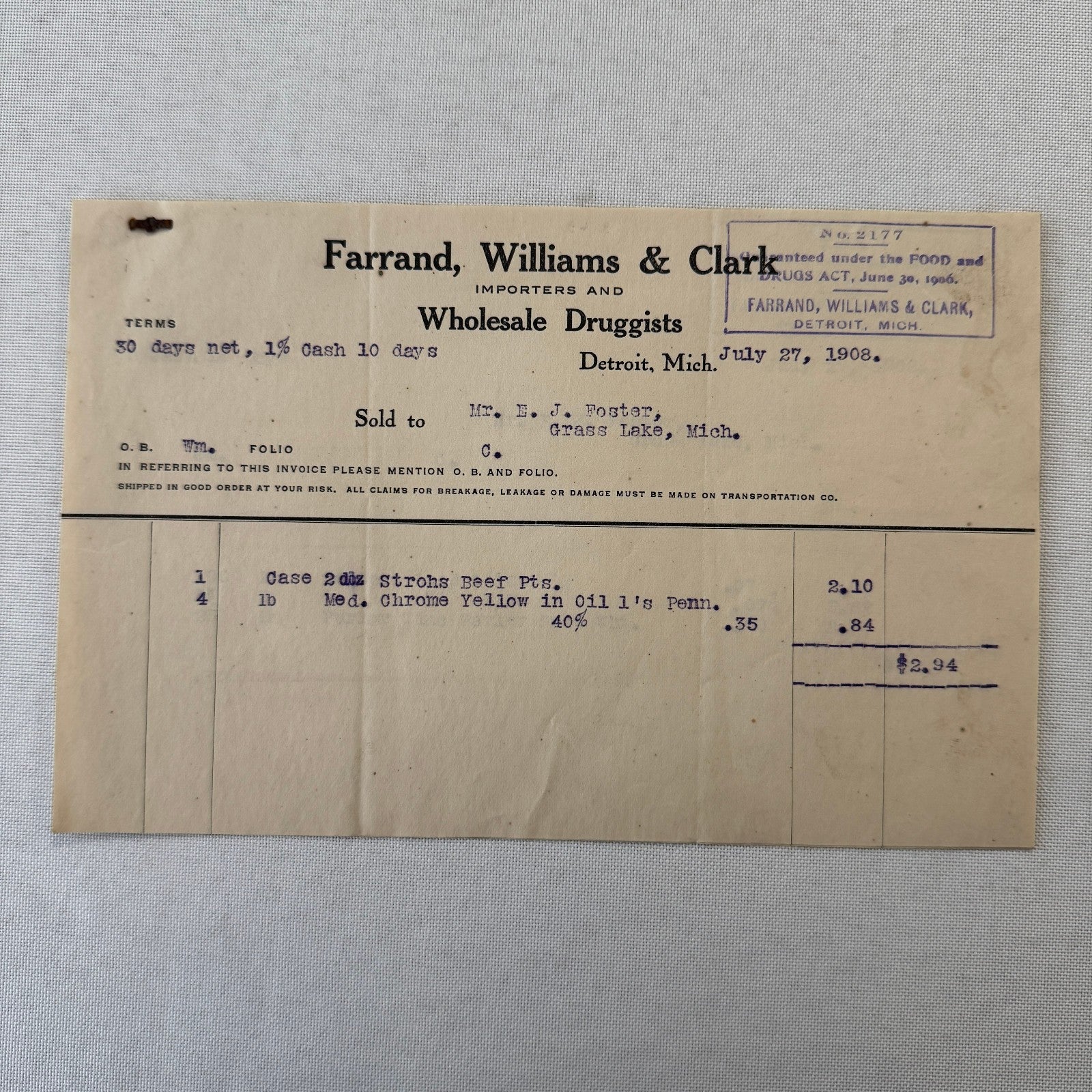 Farrand Williams and Clark Wholesale Druggists Detroit 1908 Invoice Receipt Lot