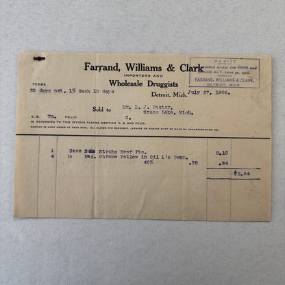 Farrand Williams and Clark Wholesale Druggists Detroit 1908 Invoice Receipt Lot