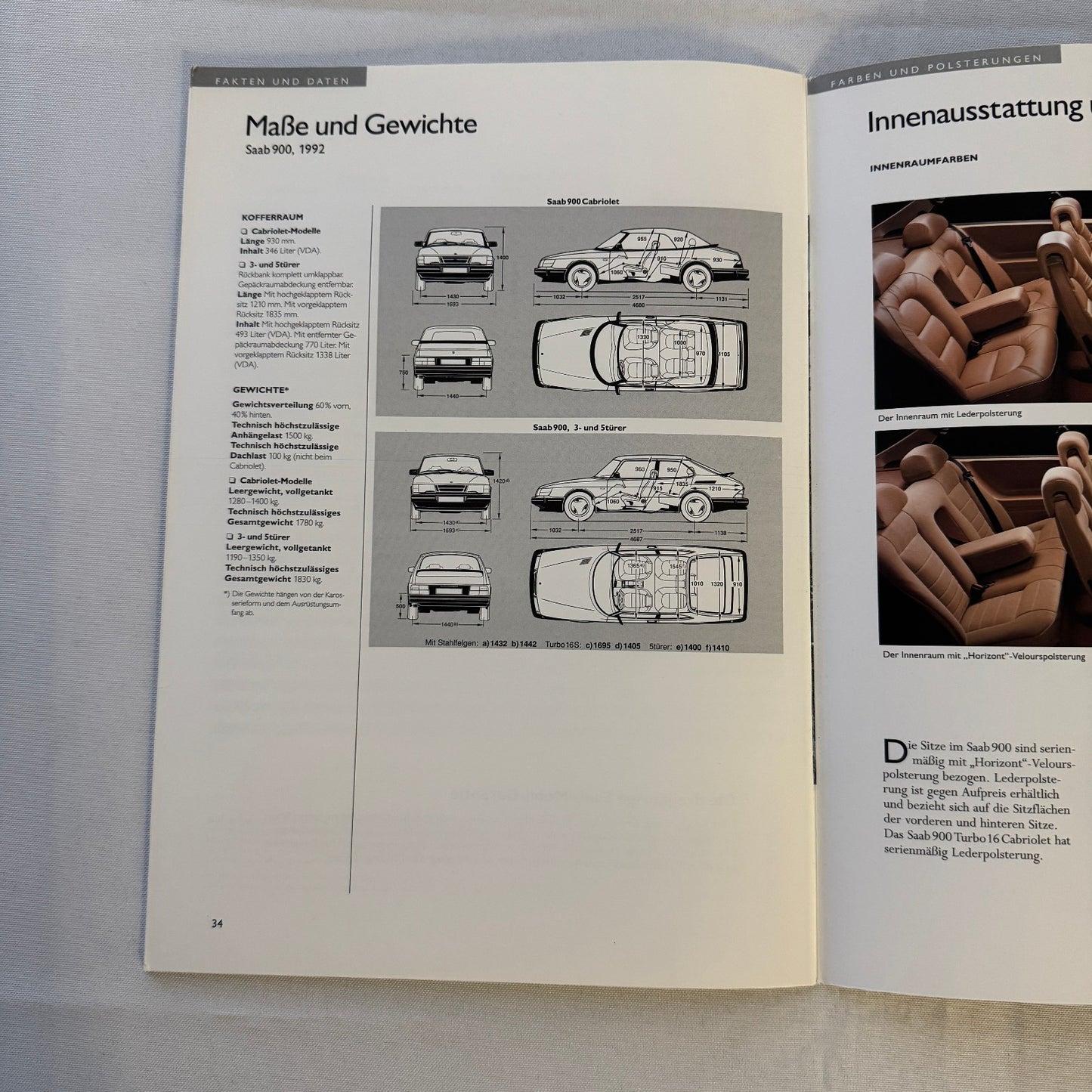 1992 Saab 900 Car Sales Brochure Catalog Saab 900 Cabriolet Turbo 16S GERMAN