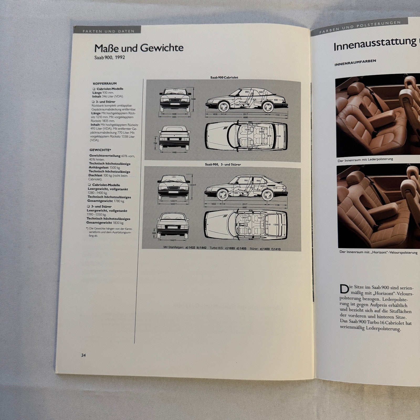 1992 Saab 900 Car Sales Brochure Catalog Saab 900 Cabriolet Turbo 16S GERMAN