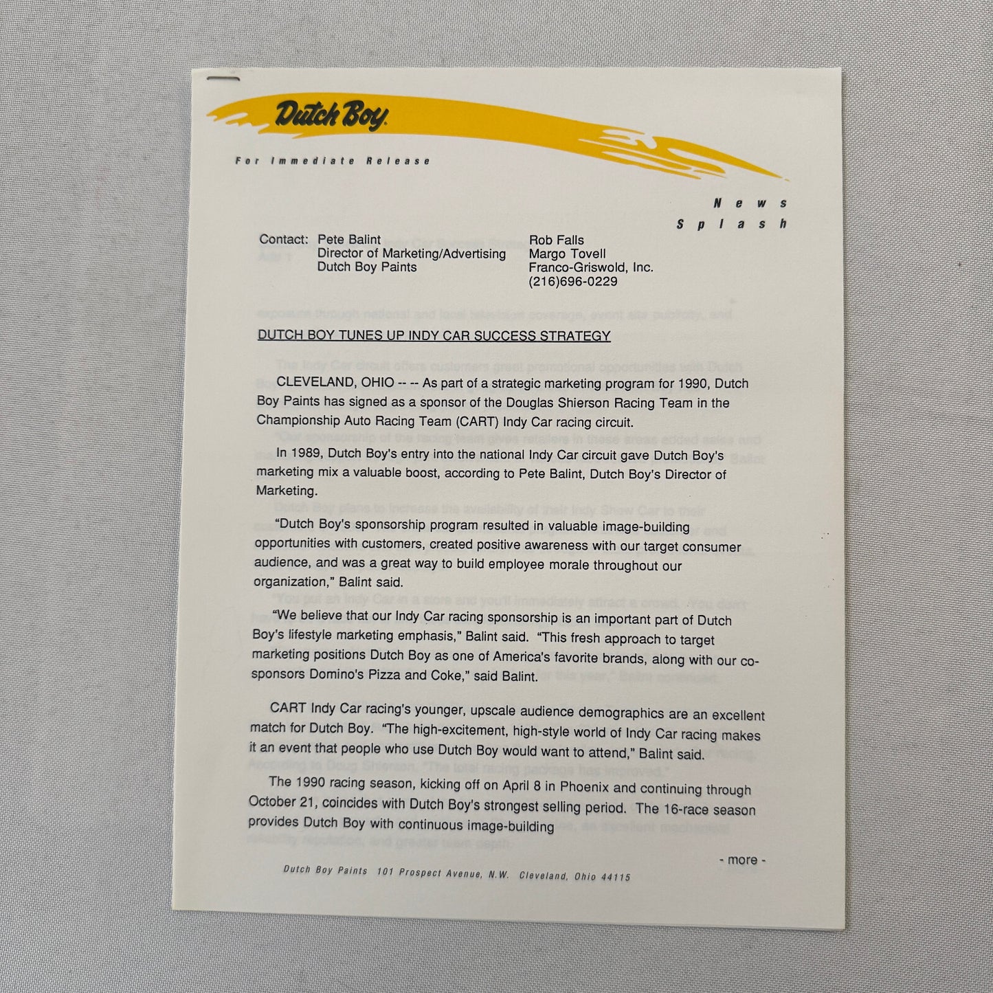 Arie Luyendyk 1990 Dutch Boy Paint CART Indy Racing Press Kit Brochure Photo