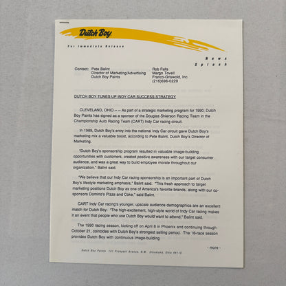 Arie Luyendyk 1990 Dutch Boy Paint CART Indy Racing Press Kit Brochure Photo
