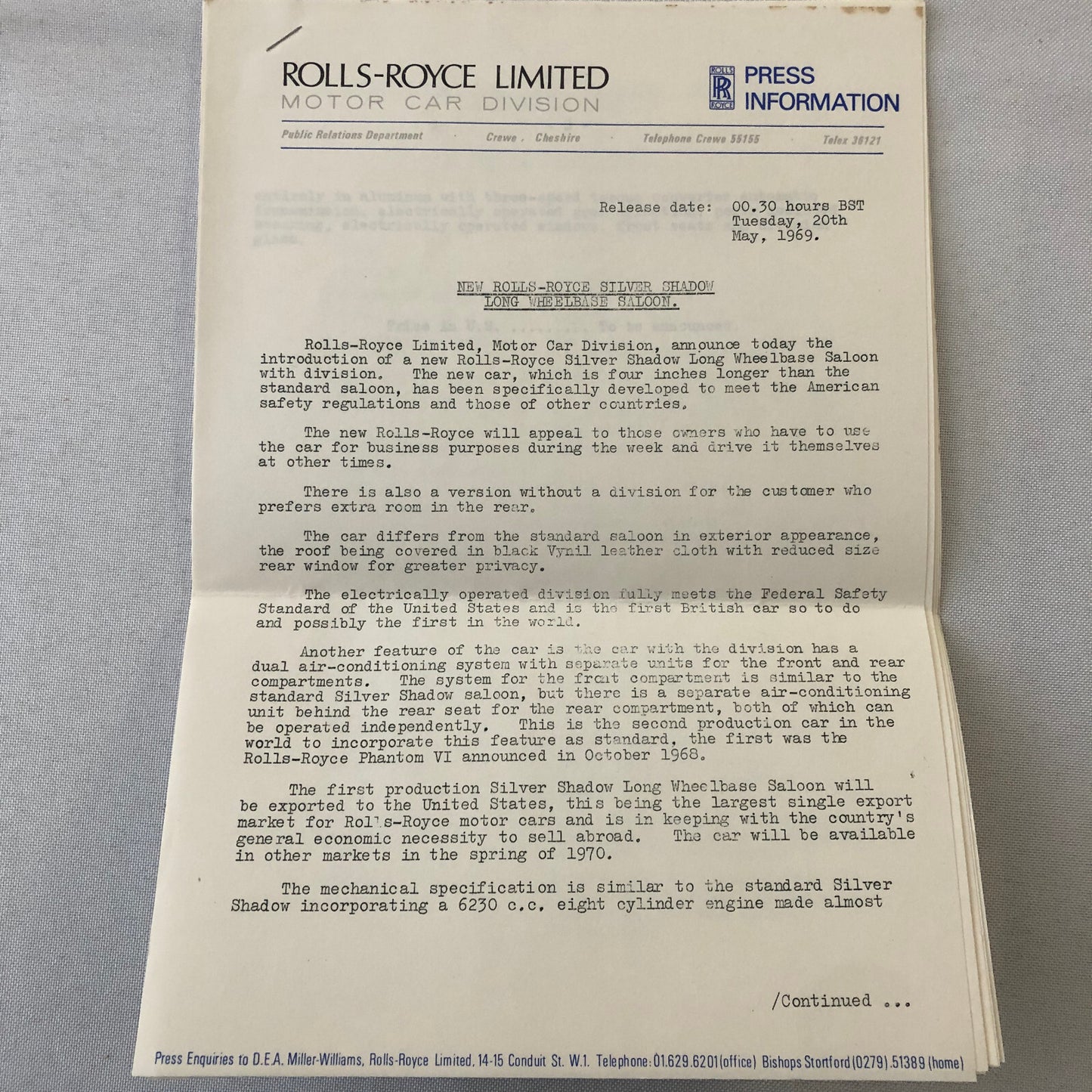 Rolls Royce Bentley Press Kit Photos Silver Shadow Long Wheelbase 1969 1970