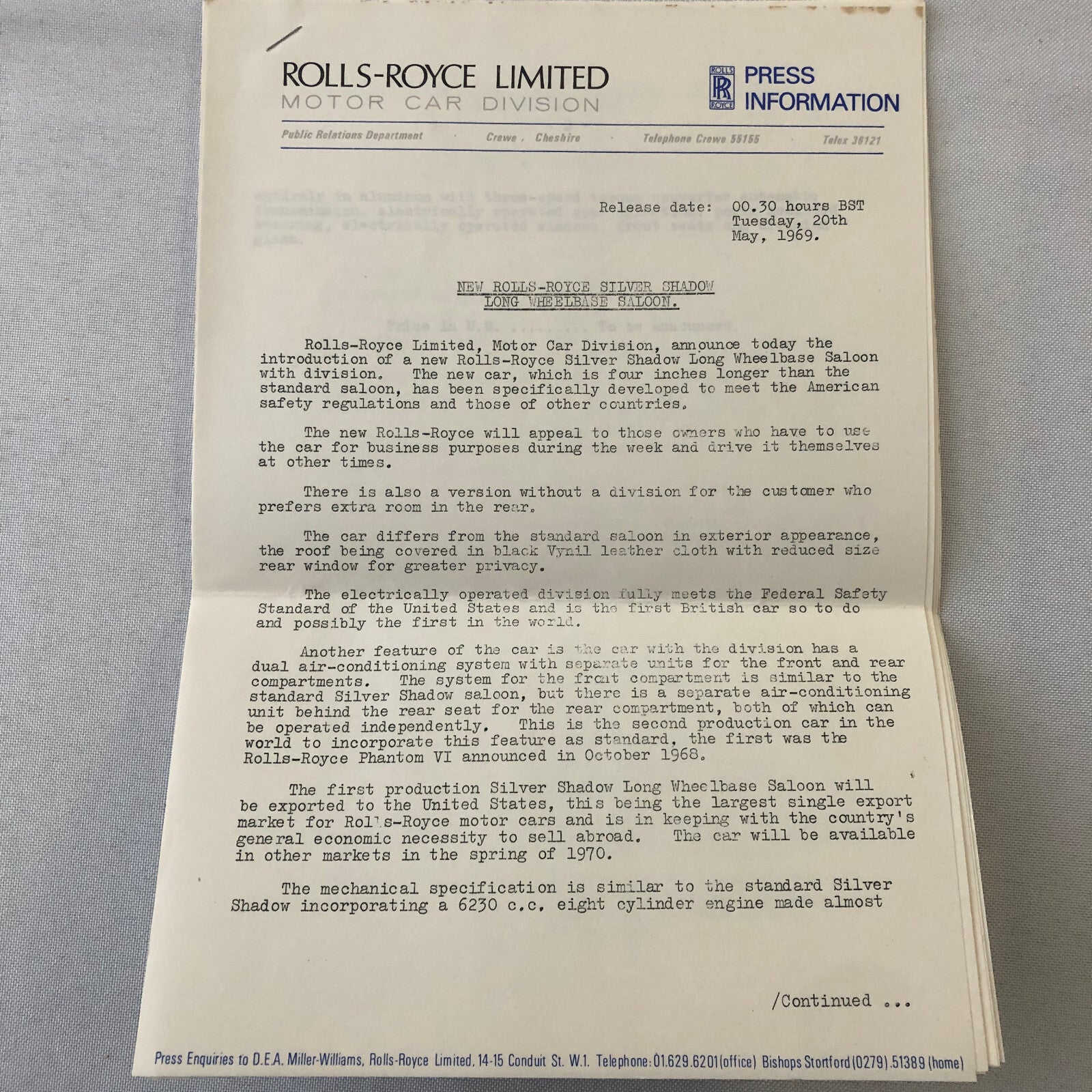 Rolls Royce Bentley Press Kit Photos Silver Shadow Long Wheelbase 1969 1970