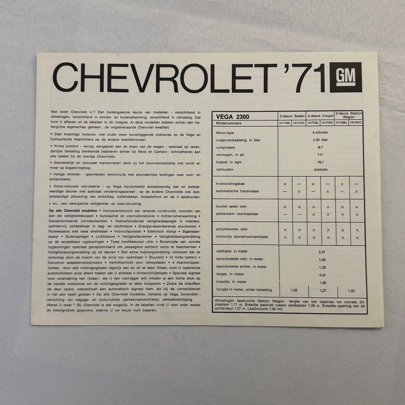 1971 Chevrolet Car Sales Brochure Catalog Corvette Vega Caprice Camaro DUTCH
