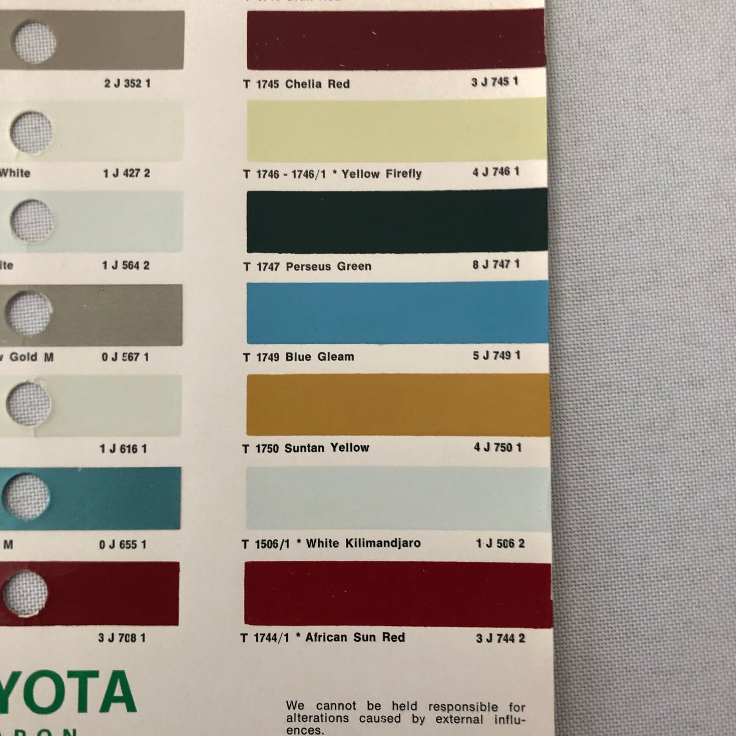 1968 1969 Toyota Car Paint Chip Color Sample Sheet Valentine