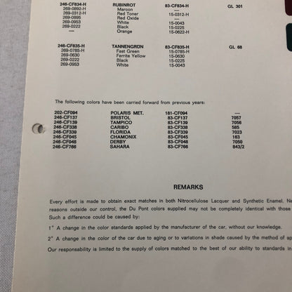 1968 BMW Car Dupont Paint Chip Color Sample Sheet Rubinrot Tannengrun