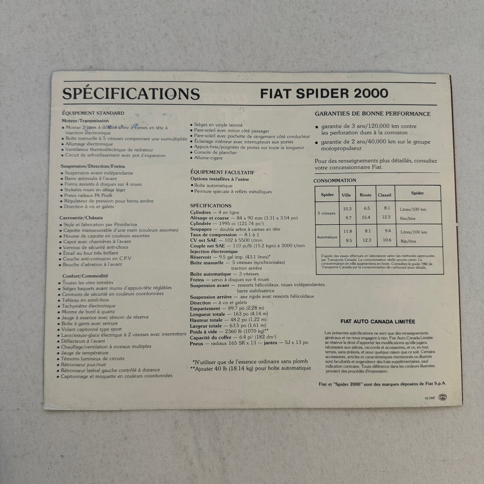 Fiat Spider 2000 Car Sales Brochure Catalog Advertising FRENCH Canadian