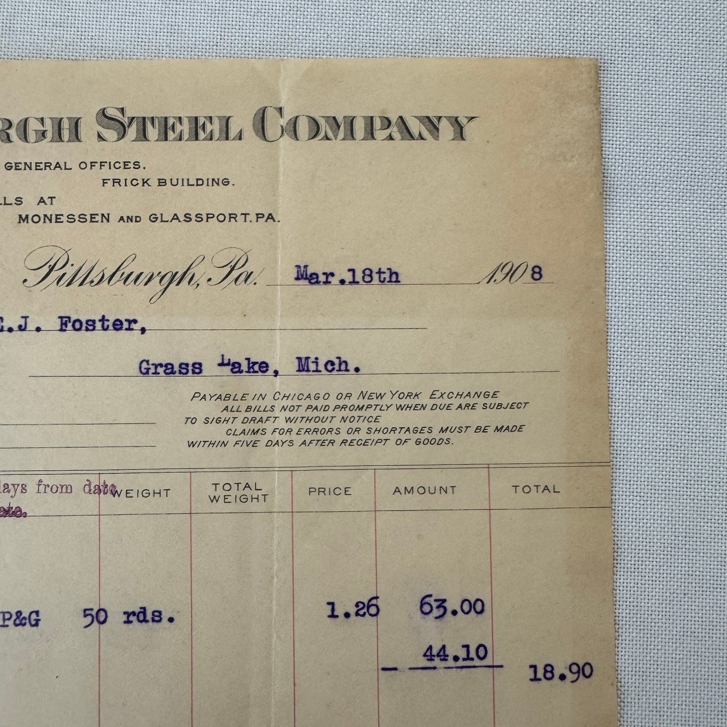 Pittsburgh Steel Company Receipt Invoice Document Letterhead 1908 Vintage