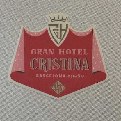 Vintage Hotel Travel Luggage Label Hotel Cristina Barcelona Spain Espana Spanish