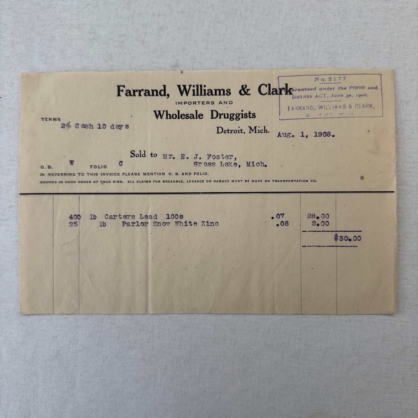 Farrand Williams and Clark Wholesale Druggists Detroit 1908 Invoice Receipt Lot