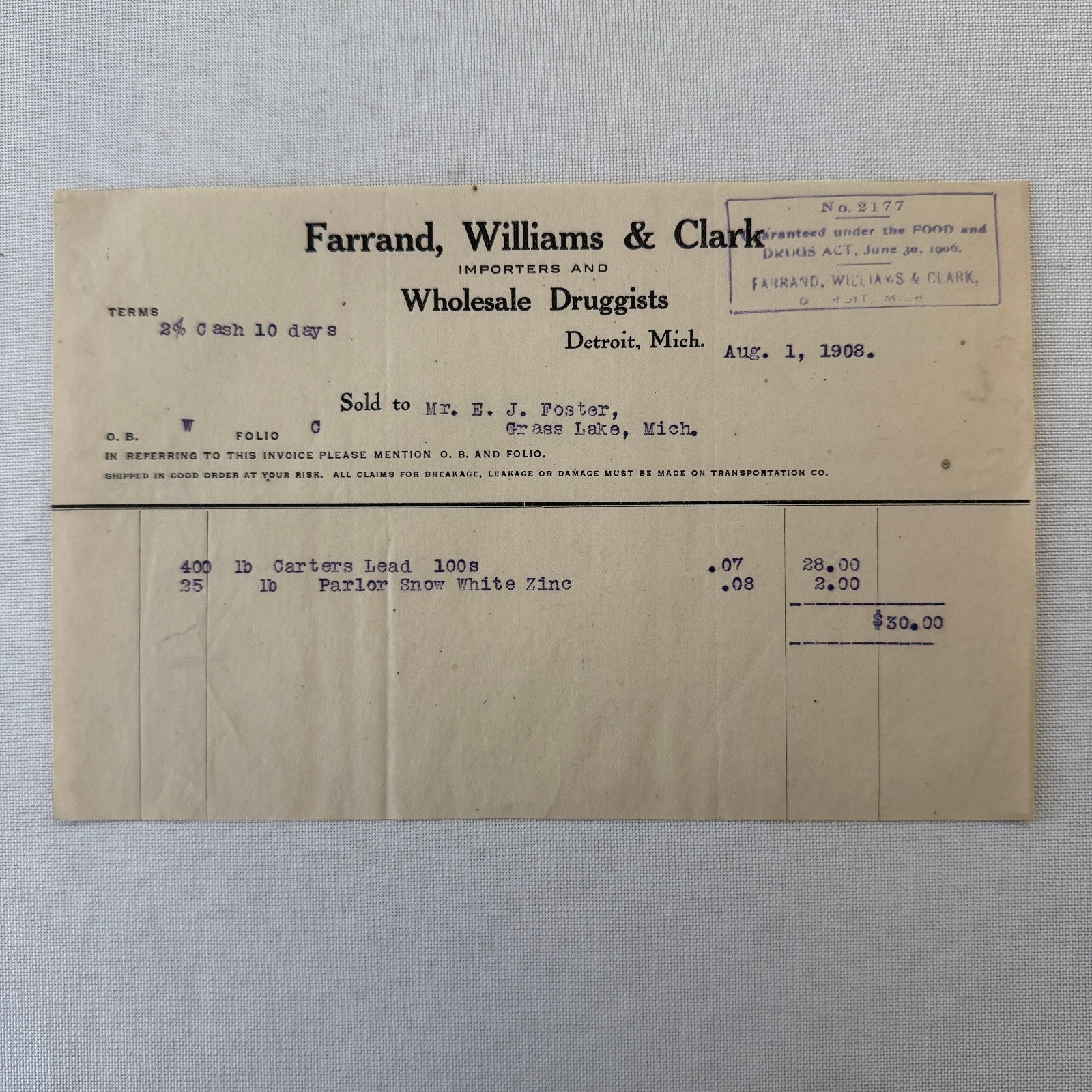 Farrand Williams and Clark Wholesale Druggists Detroit 1908 Invoice Receipt Lot
