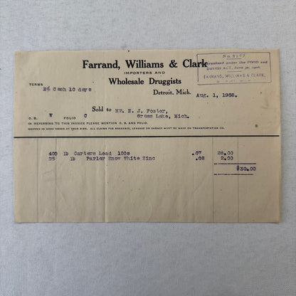 Farrand Williams and Clark Wholesale Druggists Detroit 1908 Invoice Receipt Lot