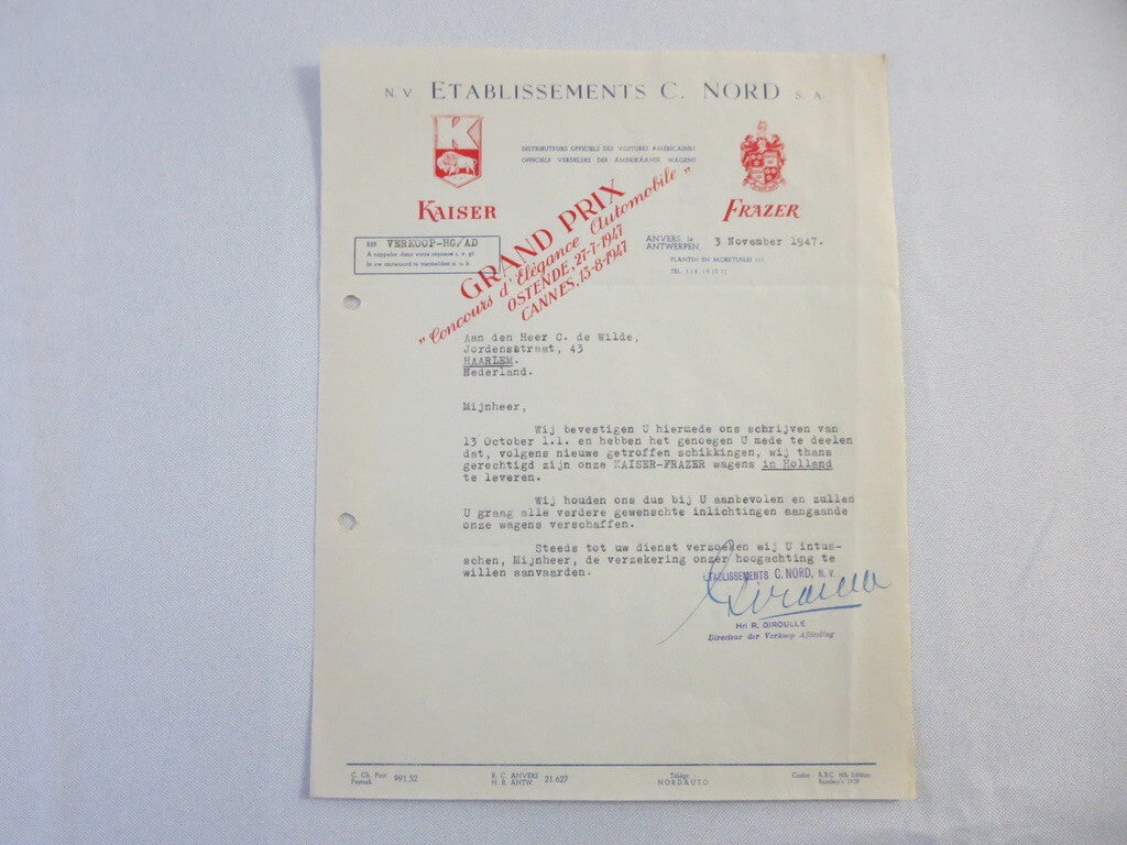 1947 Kaiser Frazer Belgian Distributor Dealer Letter Letterhead Document 