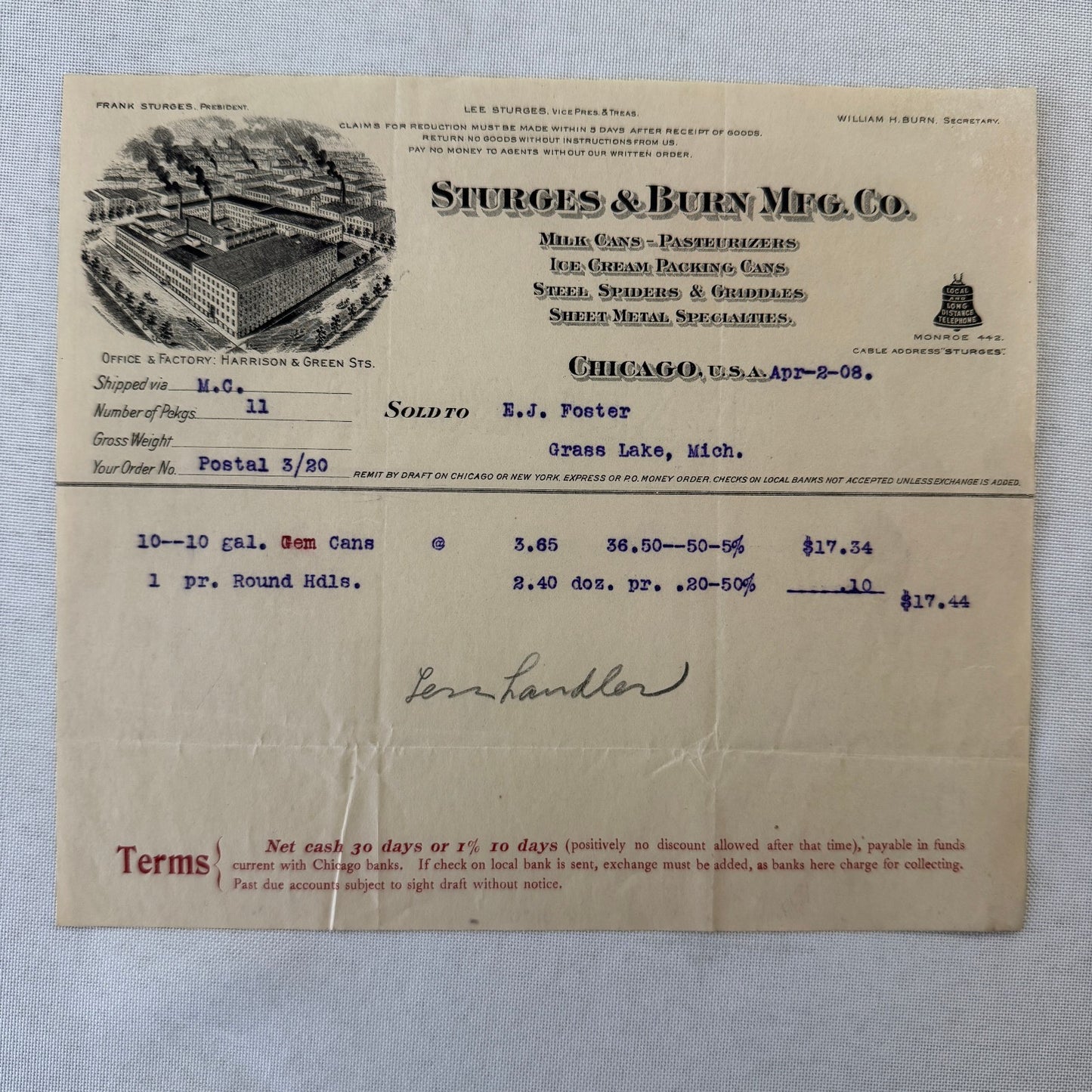 Sturges & Burn Manufacturing Company Chicago 1908 Invoice Document Lot 2x Cans