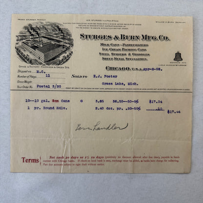 Sturges & Burn Manufacturing Company Chicago 1908 Invoice Document Lot 2x Cans