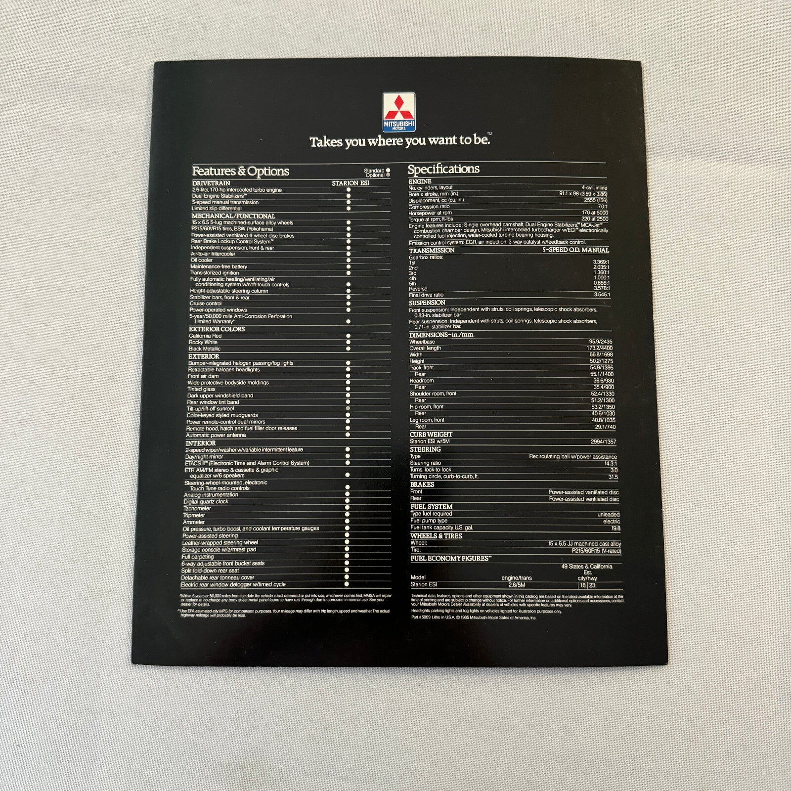 Mitsubishi Starion ESI Turbo Car Sales Brochure Catalog 1985.5 1985 1986