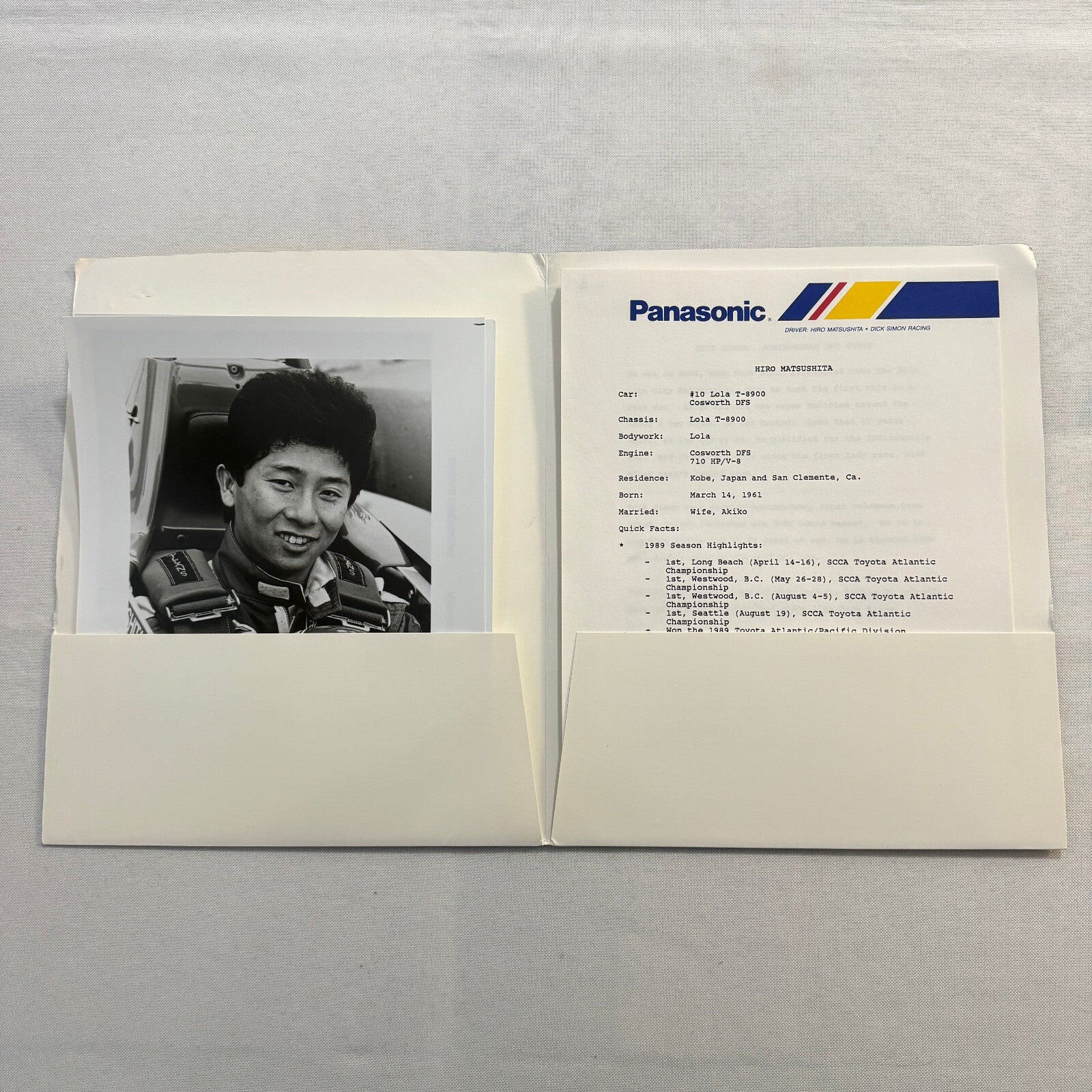 Hiro Matsushita CART Indy Car Racing Driver Press Kit Panasonic Team Vintage