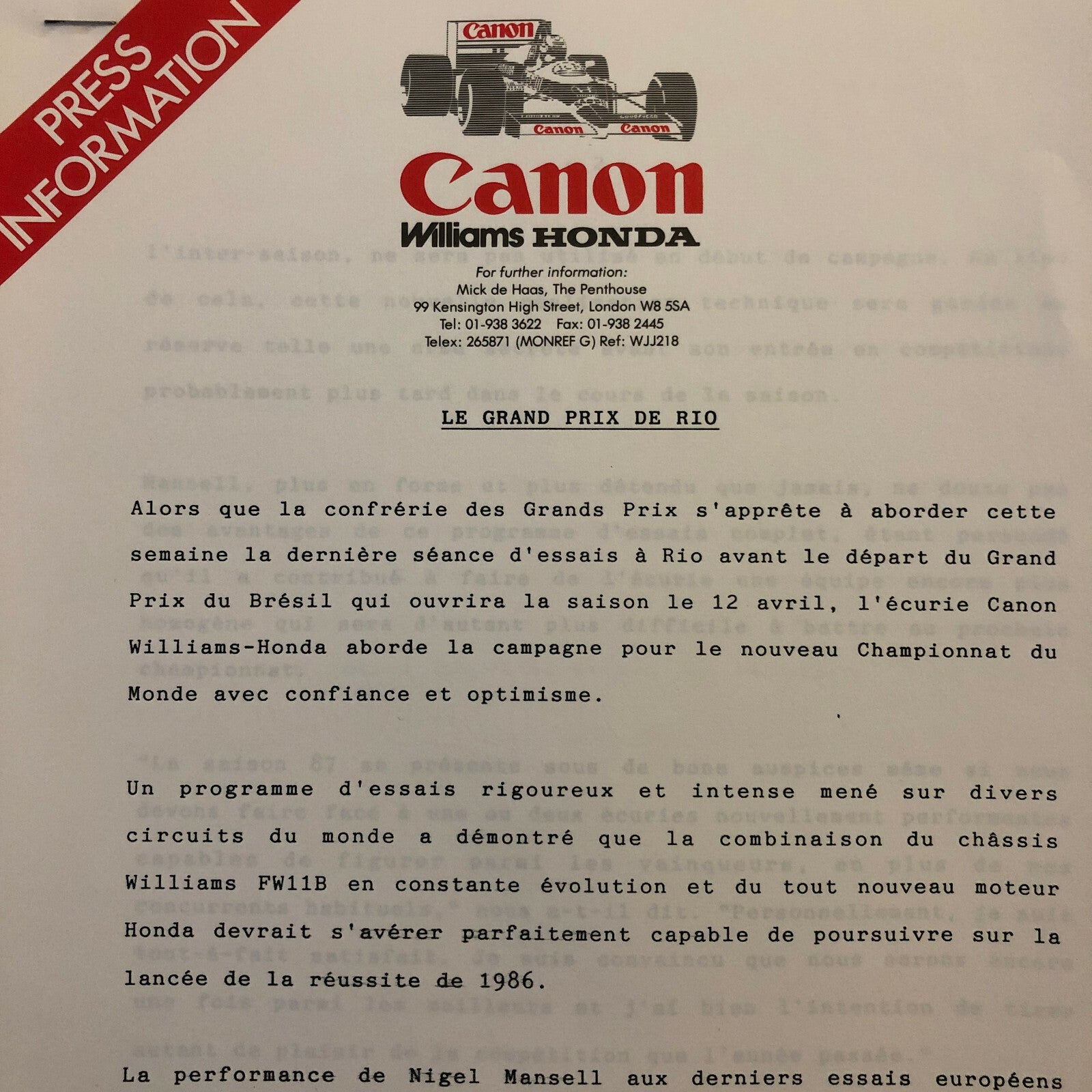1987 Honda Williams F1 Racing Press Release Lot Nelson Piquet Mansell FRENCH