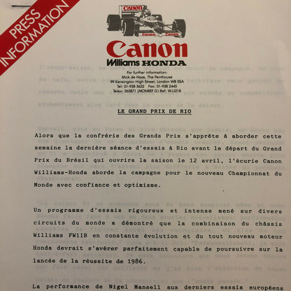 1987 Honda Williams F1 Racing Press Release Lot Nelson Piquet Mansell FRENCH