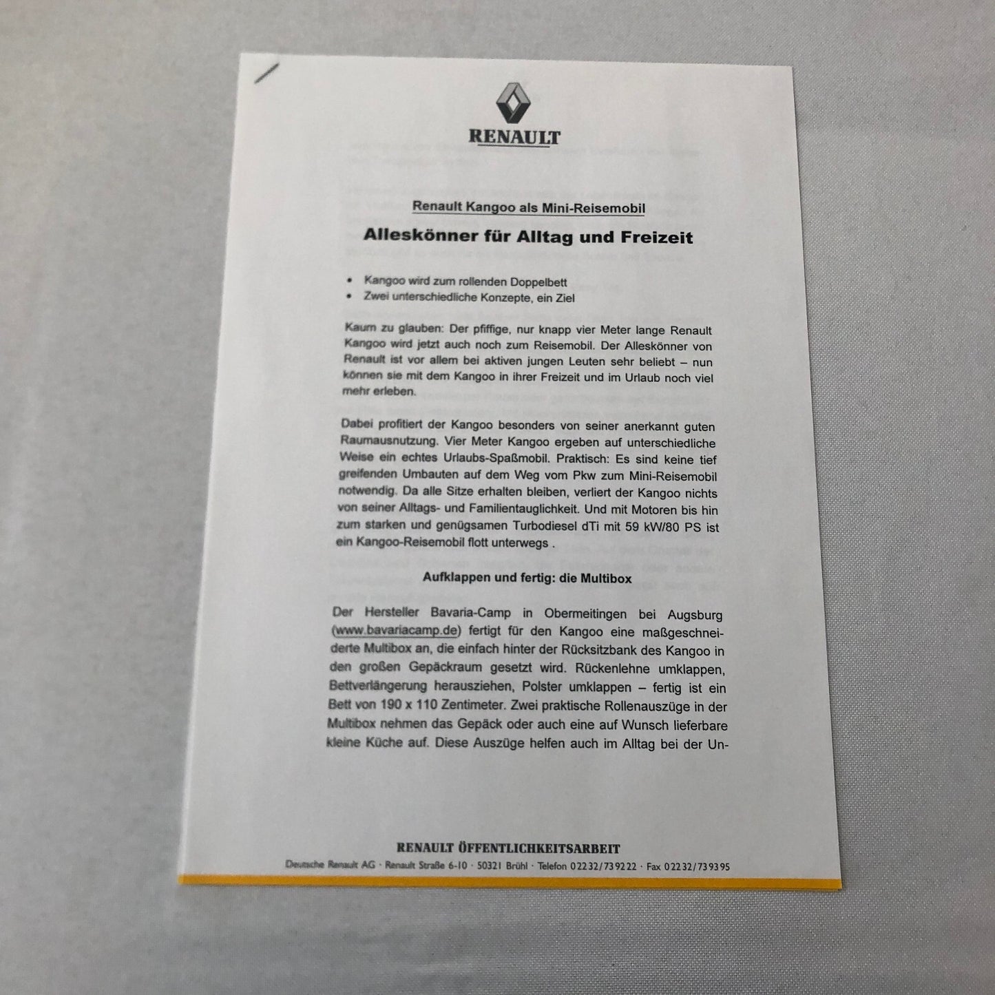 Renault Kangoo Camper Motor Home Press Kit Brochure Photos GERMAN Text