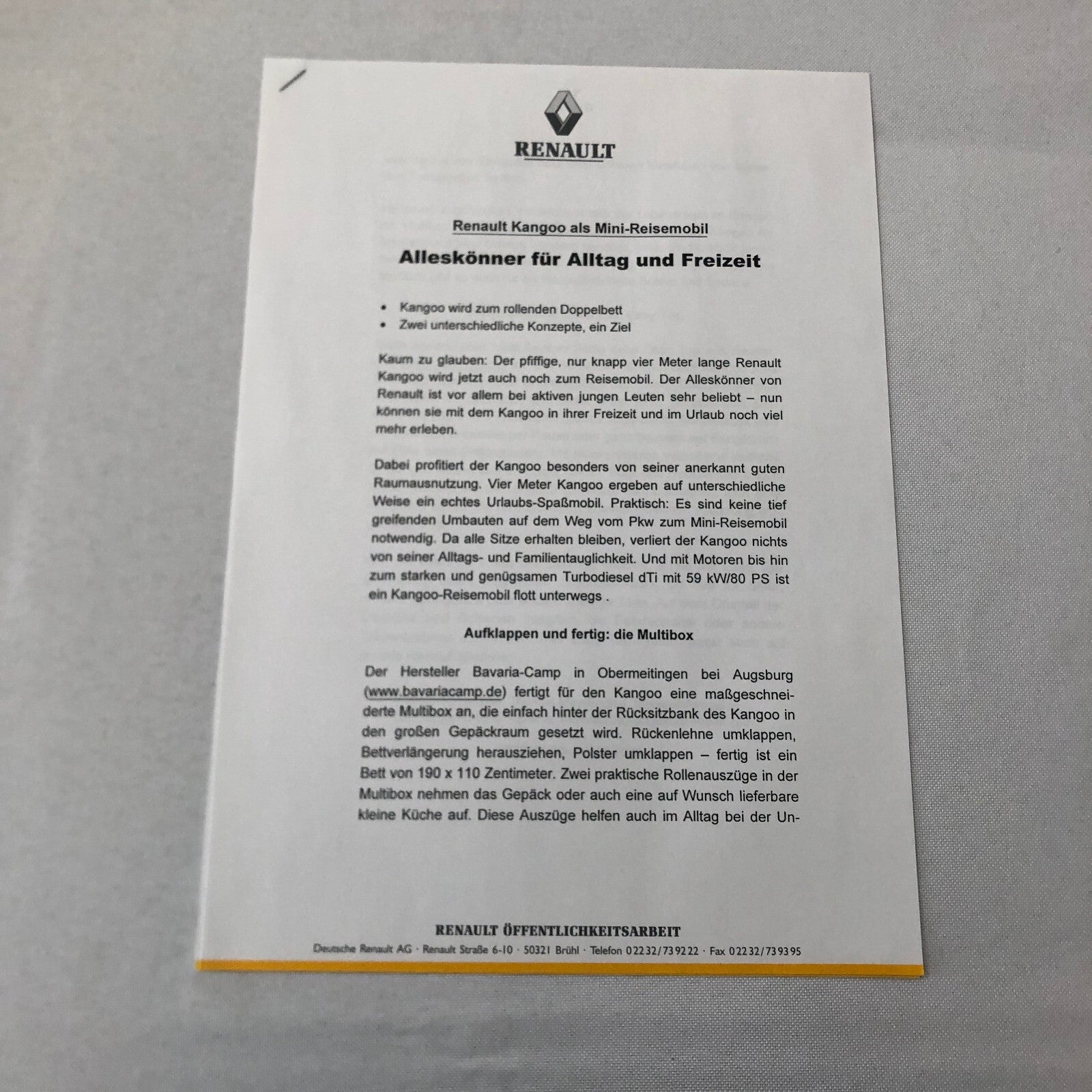 Renault Kangoo Camper Motor Home Press Kit Brochure Photos GERMAN Text